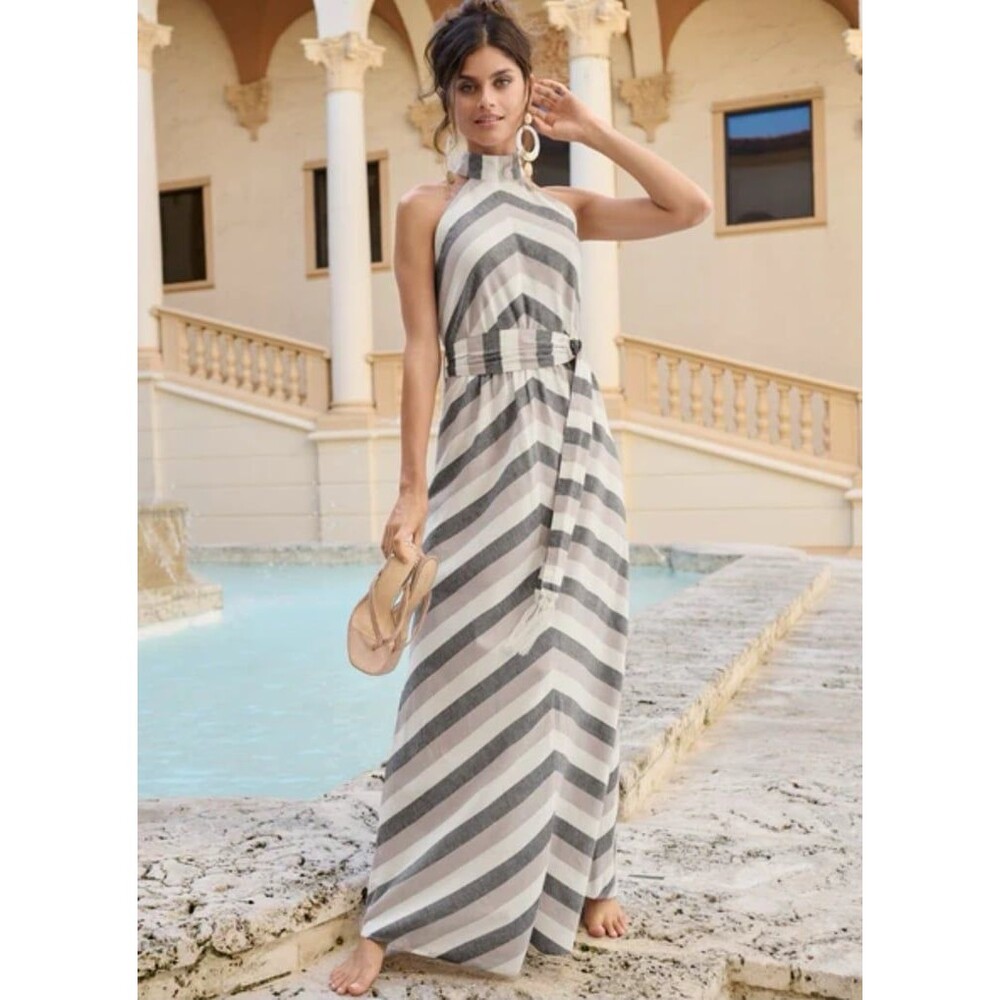 Venus Neutral Stripe Maxi‎ Dress Size 10